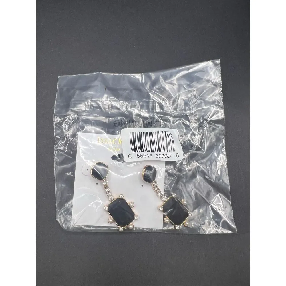 New! Isaac Mizrahi New York Gold Matte Black Drop Rhinestone Faux Pearl Earrings